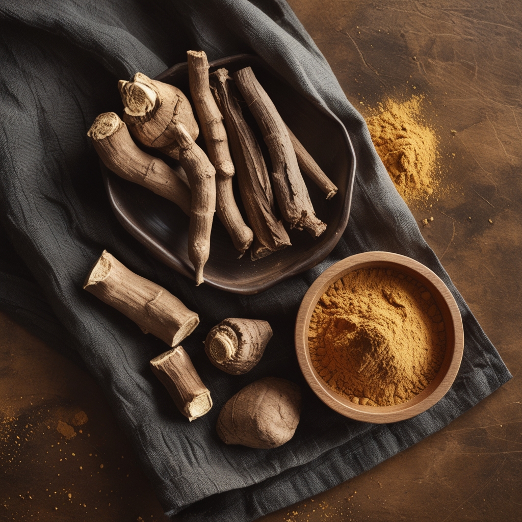 Dried ashwagandha root pieces and whole roots arranged on a dark earthy linen cloth with ground root powder in a small wooden bowl, warm indirect lighting creating rich amber and brown tones with strong natural texture