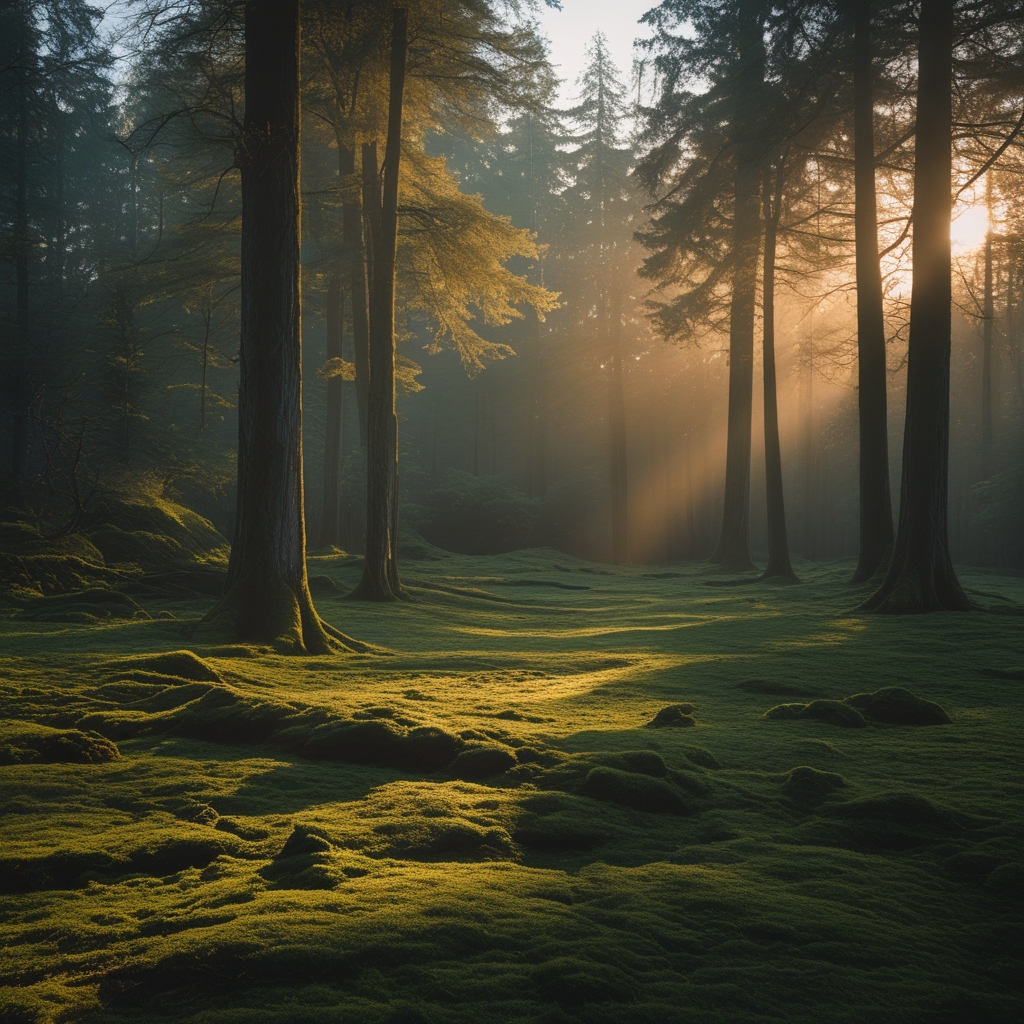 Serene ancient forest with tall trees, dappled morning light filtering through dense canopy, mossy ground, deep shadows creating dramatic cinematic depth and organic texture