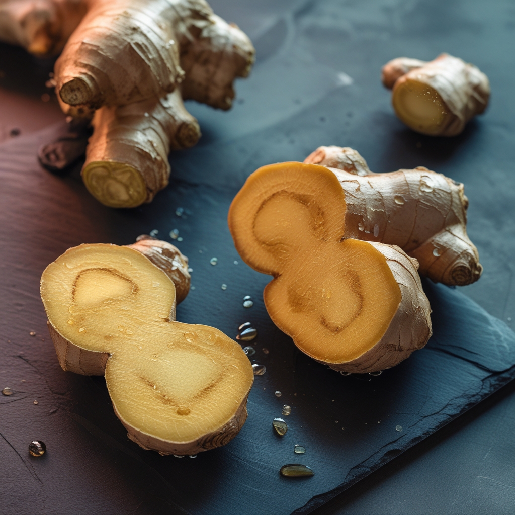 Close-up macro photograph of fresh ginger root cross-sections showing fibrous internal texture and warm golden flesh with moisture droplets on a dark slate surface under cinematic diffused studio light