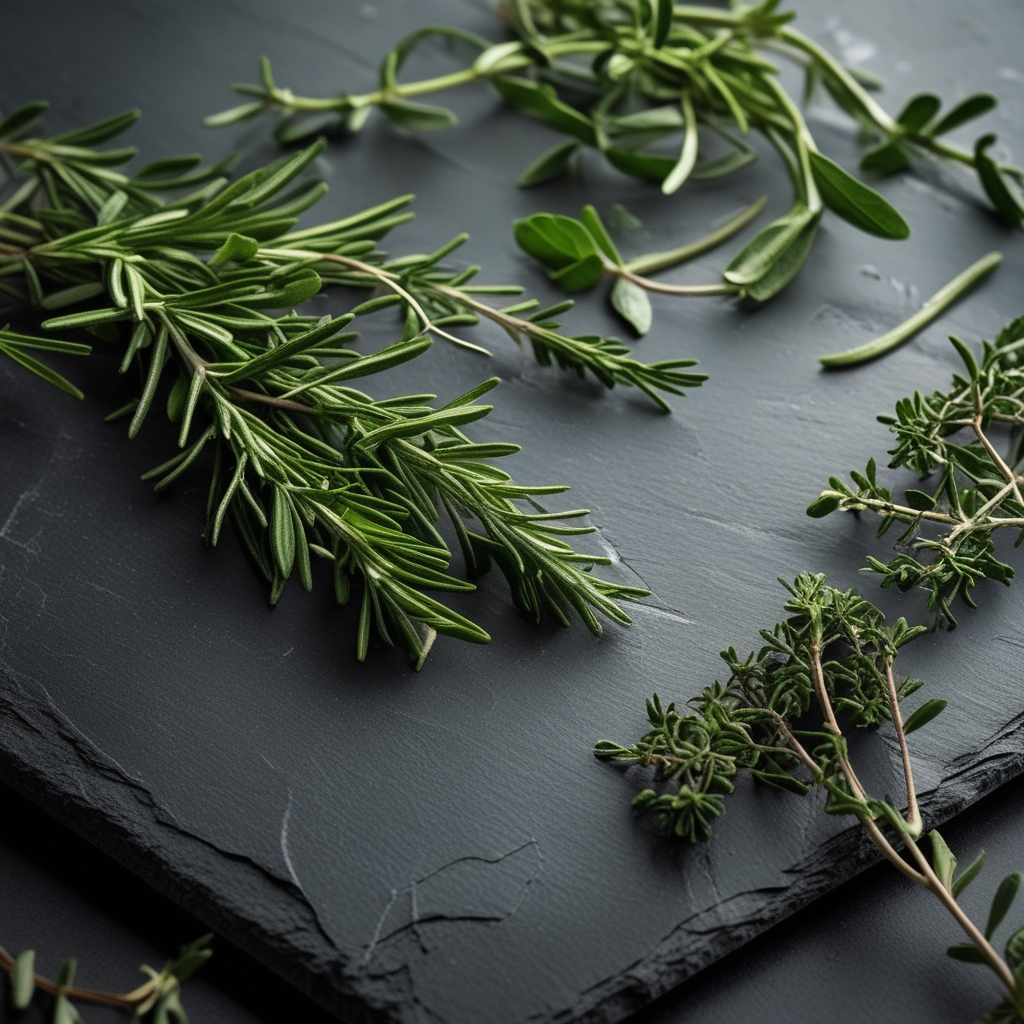 Close-up macro photograph of fresh green herbs including rosemary and thyme sprigs arranged on a dark slate surface with intense directional studio lighting highlighting botanical detail and texture